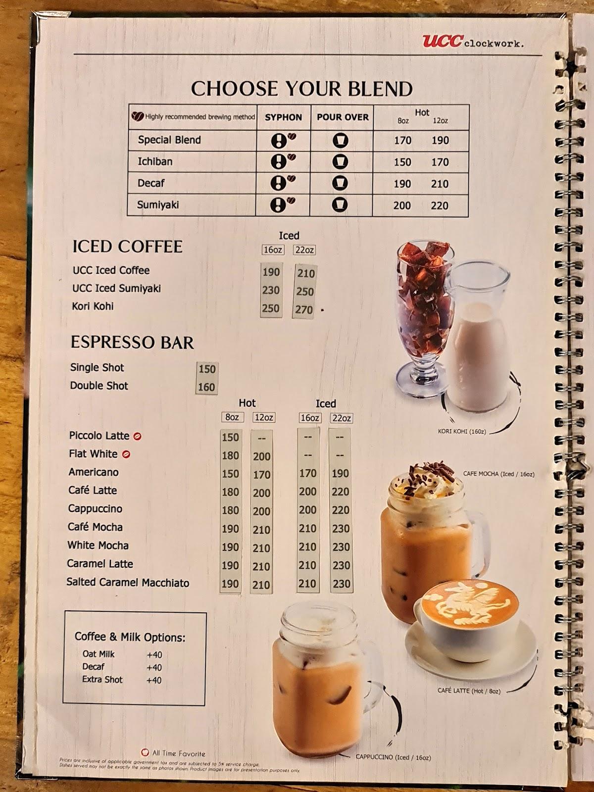 Menu at UCC 3rd Wave Clockwork cafe, Pasay