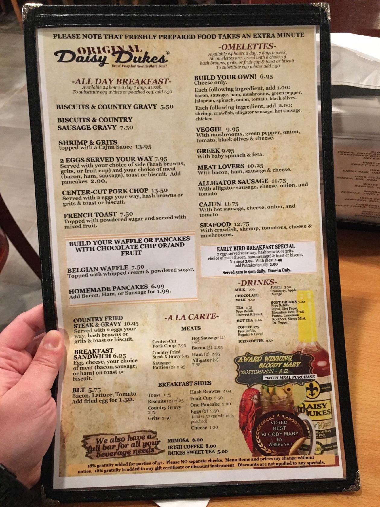 Menu at Daisy Dukes restaurant, New Orleans, 121 Chartres St