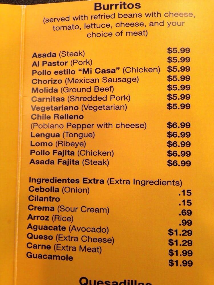 Menu at Mi Casa Restaurant, Wheaton