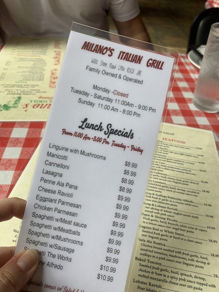 Menu at Milano's Italian Grill - Little Rock restaurant, Little Rock