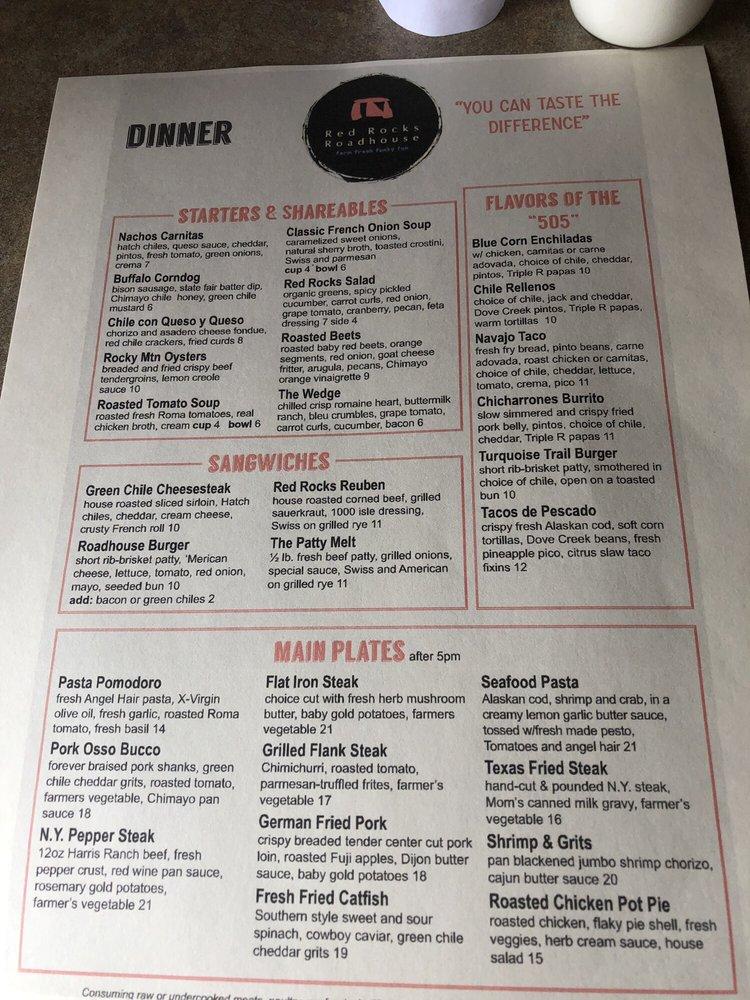 Menu at Red Rocks Roadhouse restaurant, Farmington