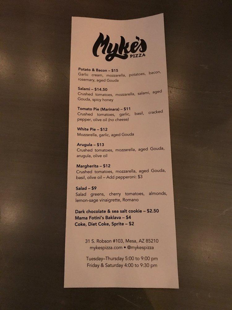 Menu at Myke's Pizza pizzeria, Mesa