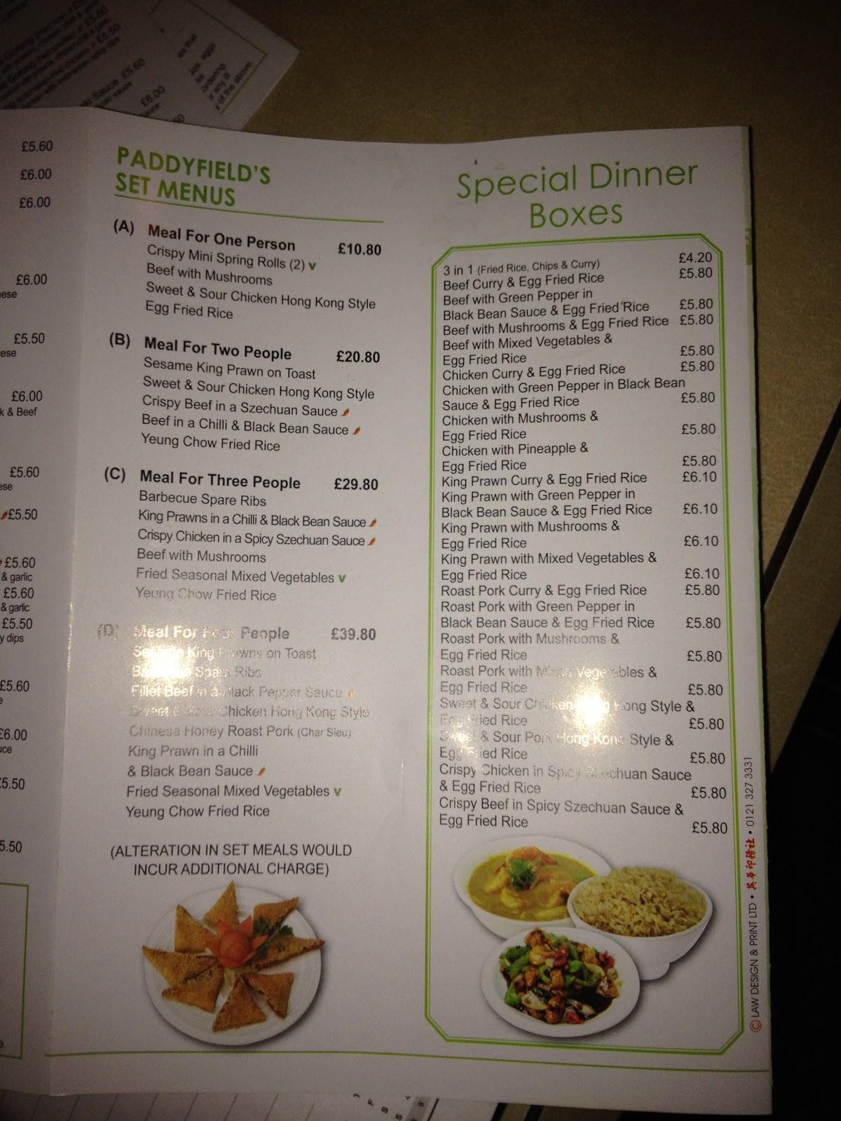 Menu at Paddyfields restaurant, Ollerton and Boughton