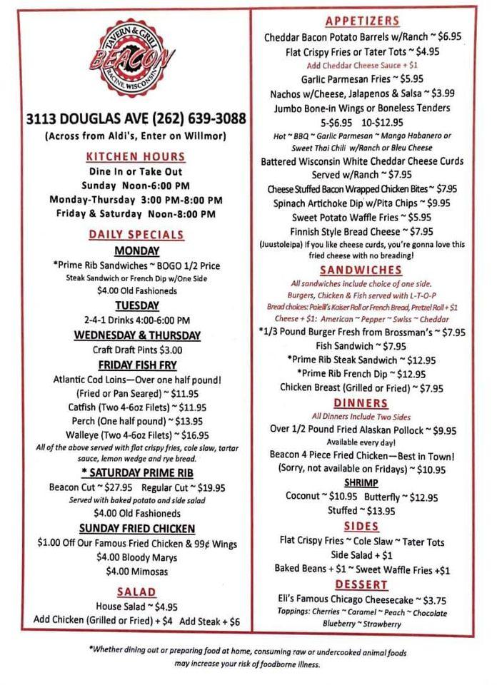 Menu at Beacon Tavern & Grill pub & bar, Racine, Douglas Ave