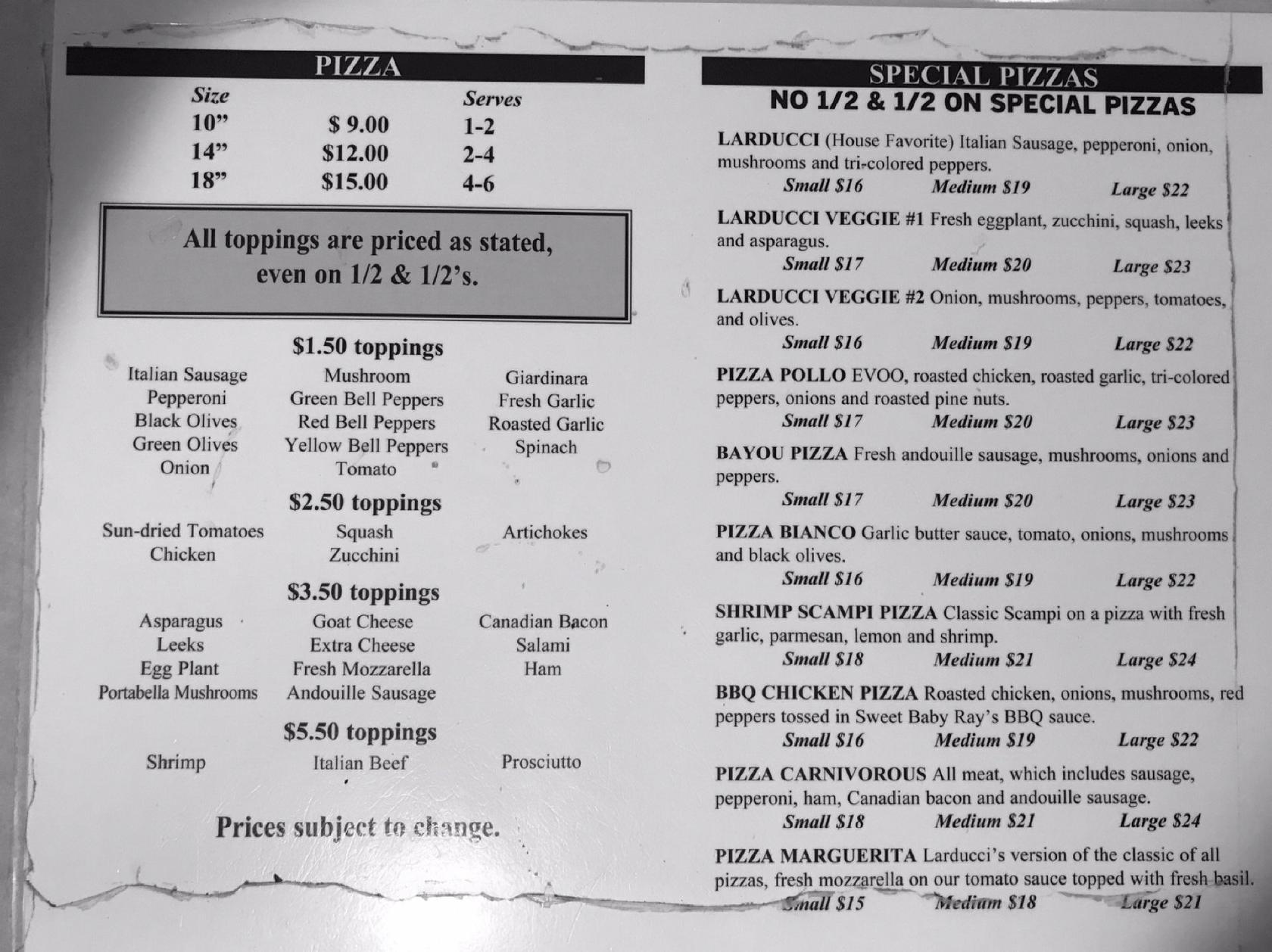 Menu at Larducci Pizzeria, Elkhorn