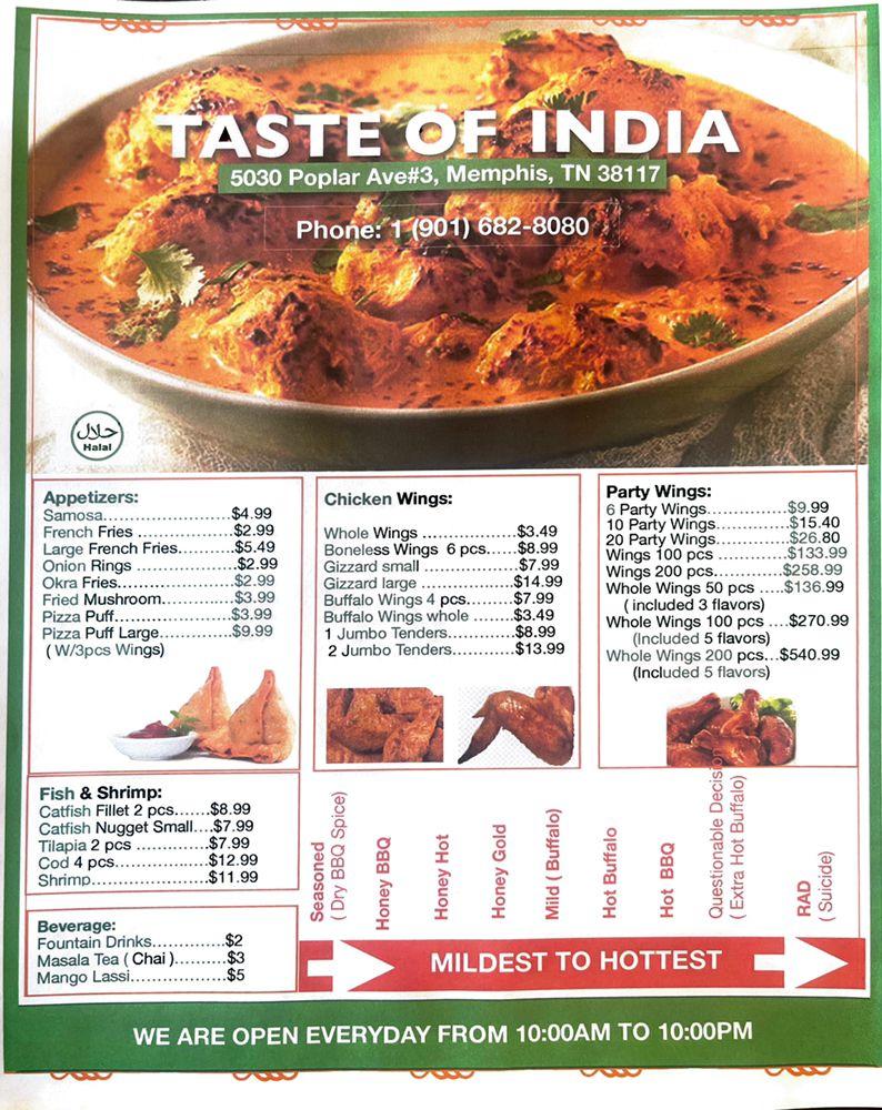 Menu At Taste Of India Restaurant Memphis