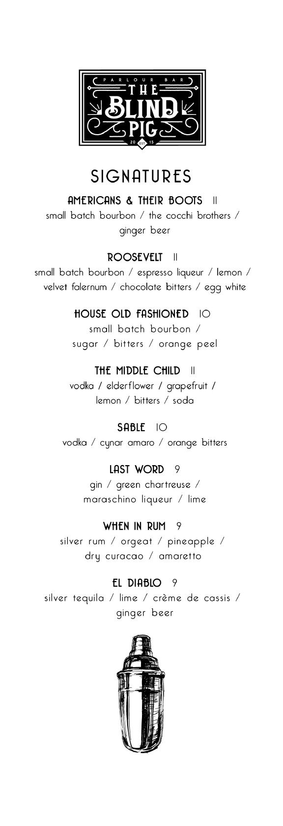 Menu at The Blind Pig Parlour Bar, Atlanta, 128 E Andrews Dr NW