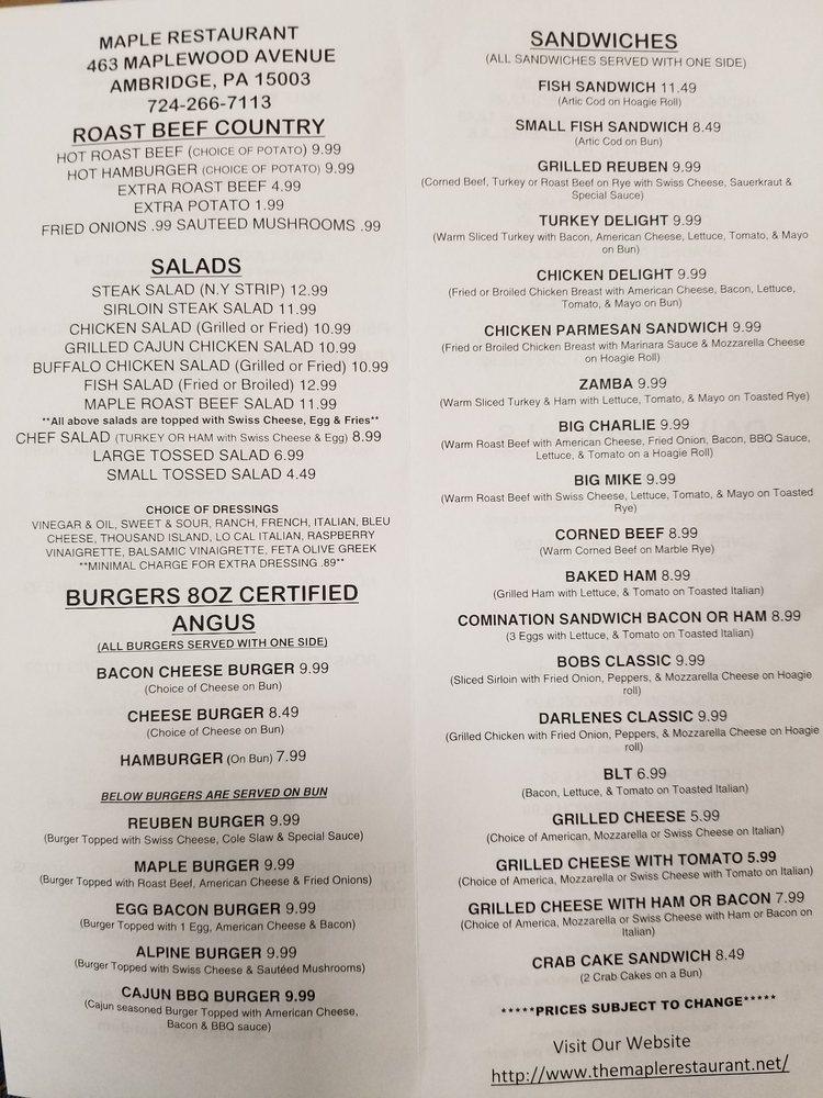 Menu at Maple Restaurant, Ambridge