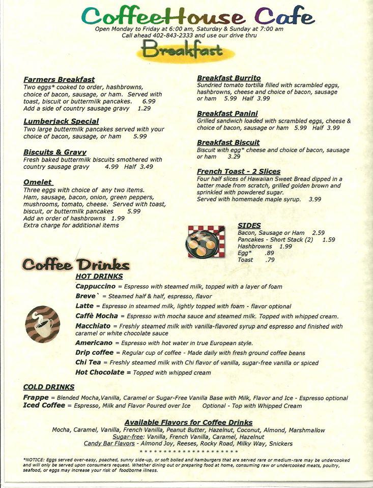 Menu at Coffeehouse Cafe, Elgin