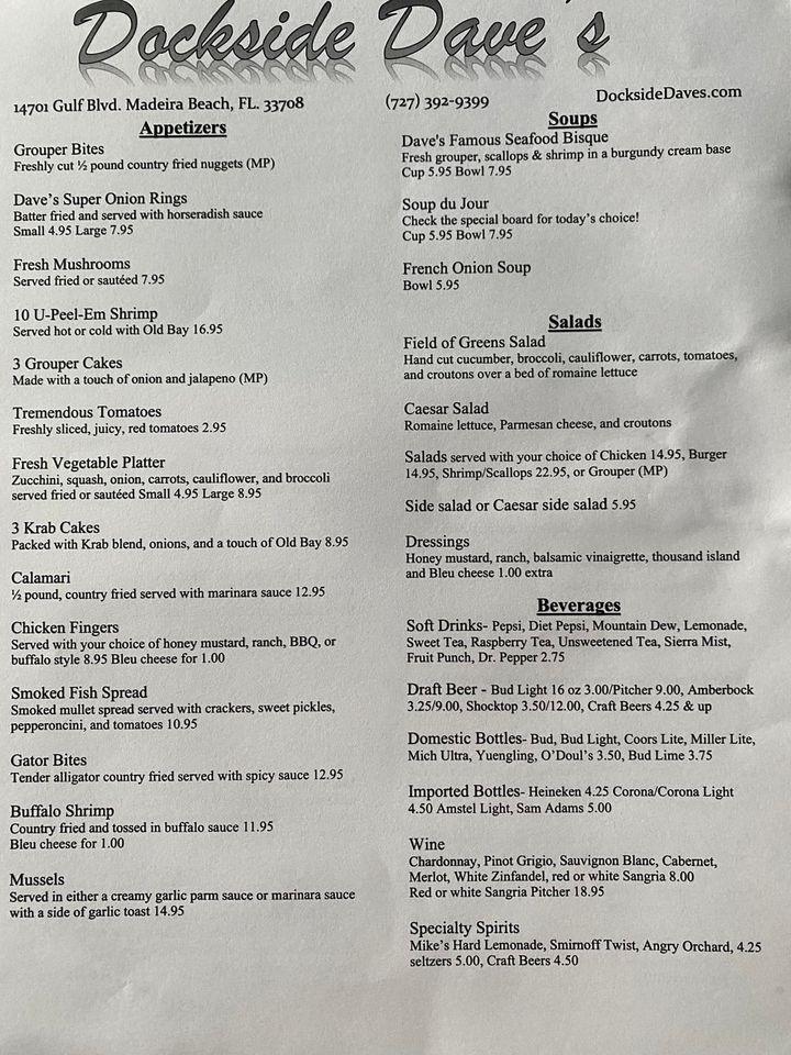 Menu at Dockside Dave's restaurant, Madeira Beach, 14701 Gulf Blvd