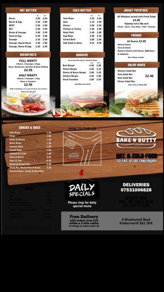 Menu at Bake N Butty (Kimberworth) restaurant, Rotherham
