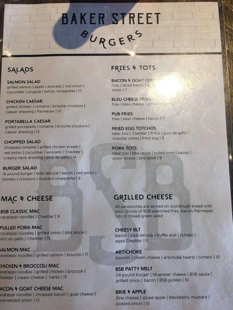Menu at Baker Street Burgers restaurant, Rockford