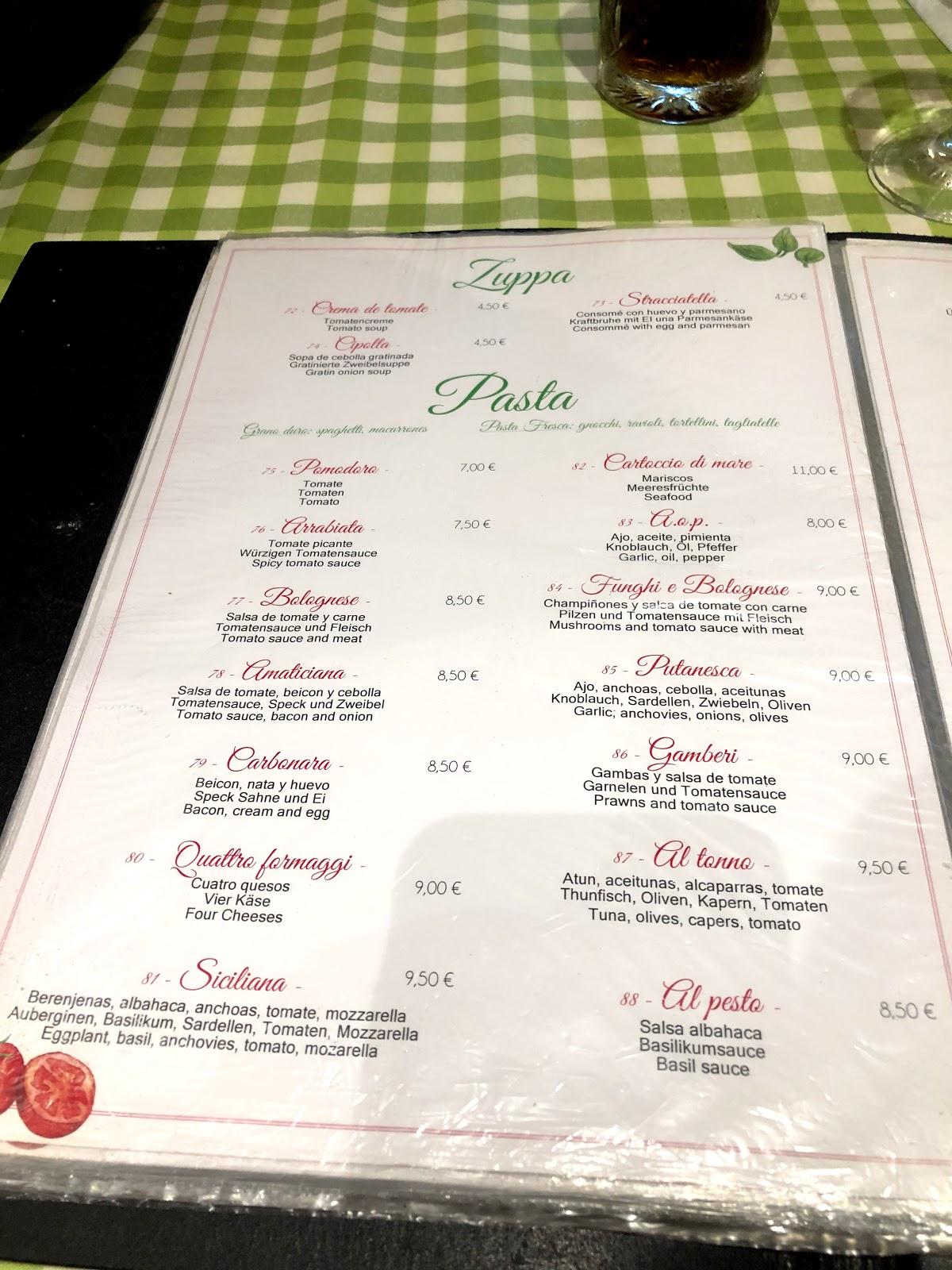 Carta de Restaurante Piccola Italia, Morro Jable