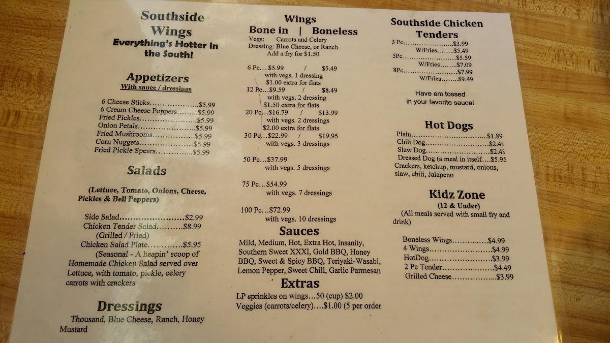 Menu at Southside Wings restaurant, Thomaston