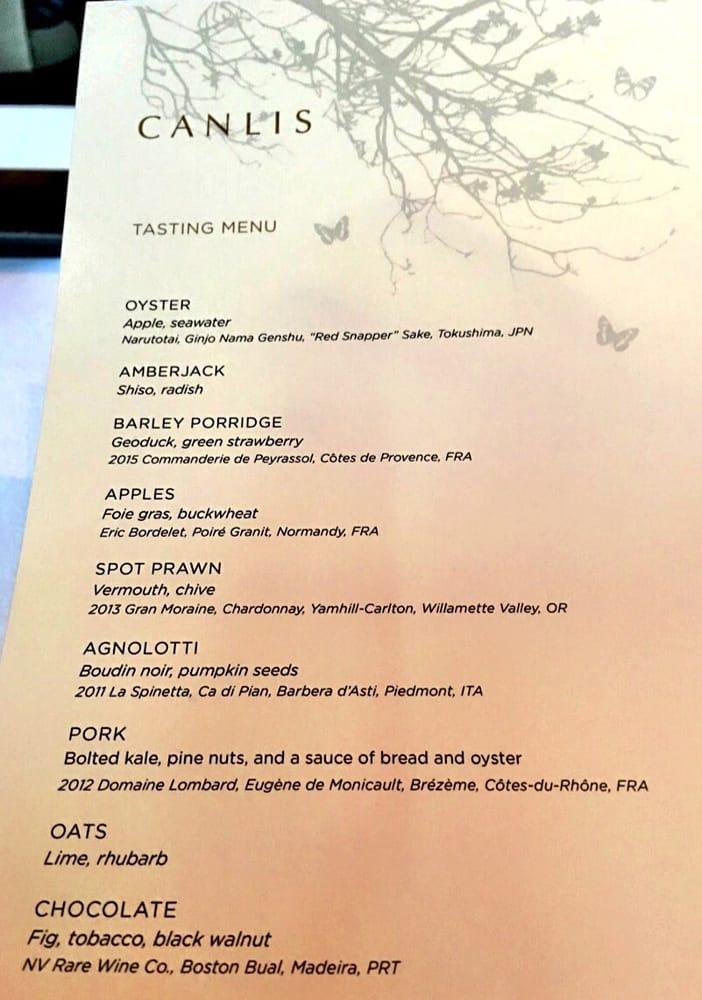 Menu at Canlis restaurant, Seattle