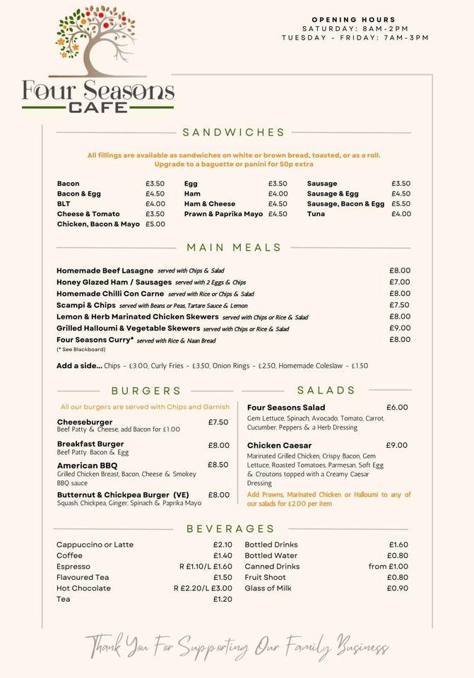 Menu at Four Seasons Café cafe, Stevenage