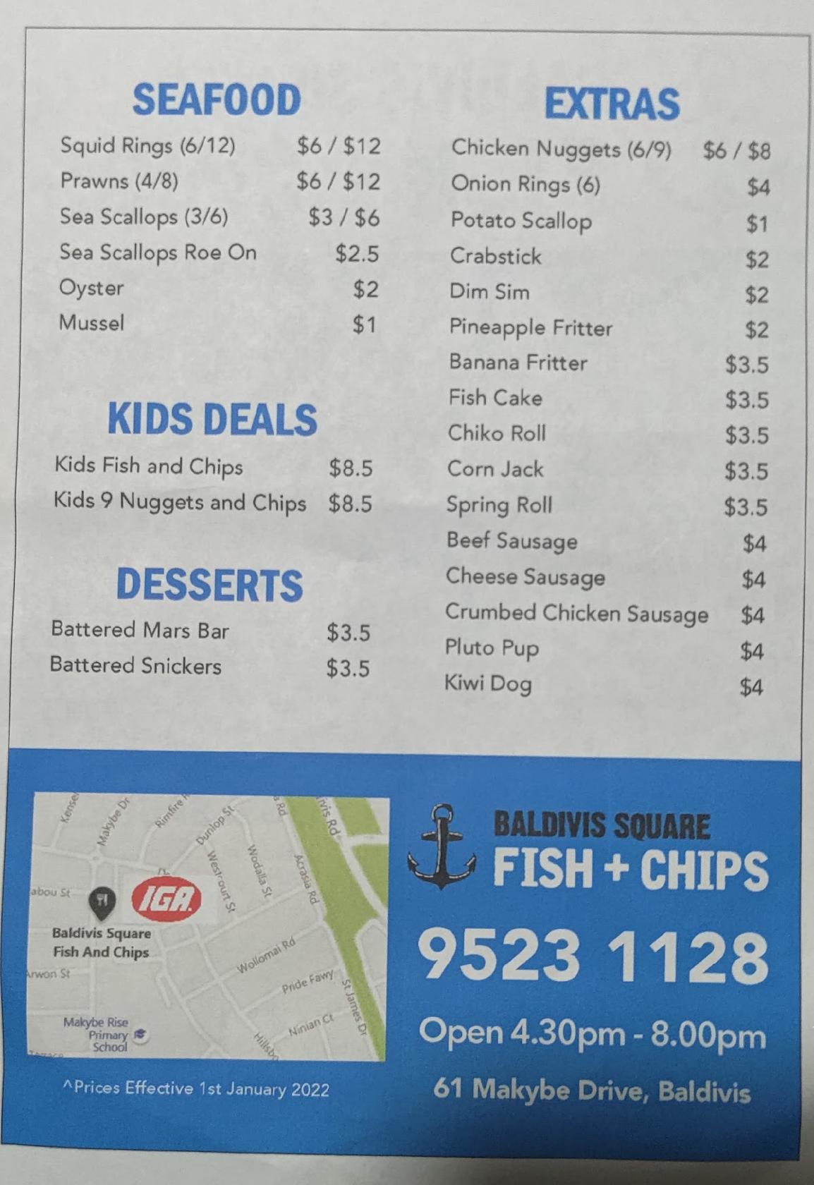 Menu at Baldivis Square Fish & Chips restaurant, Baldivis