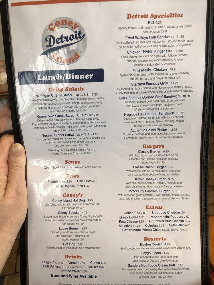 Menu at Detroit Coney Island restaurant, Palm Harbor, US Hwy 19 N