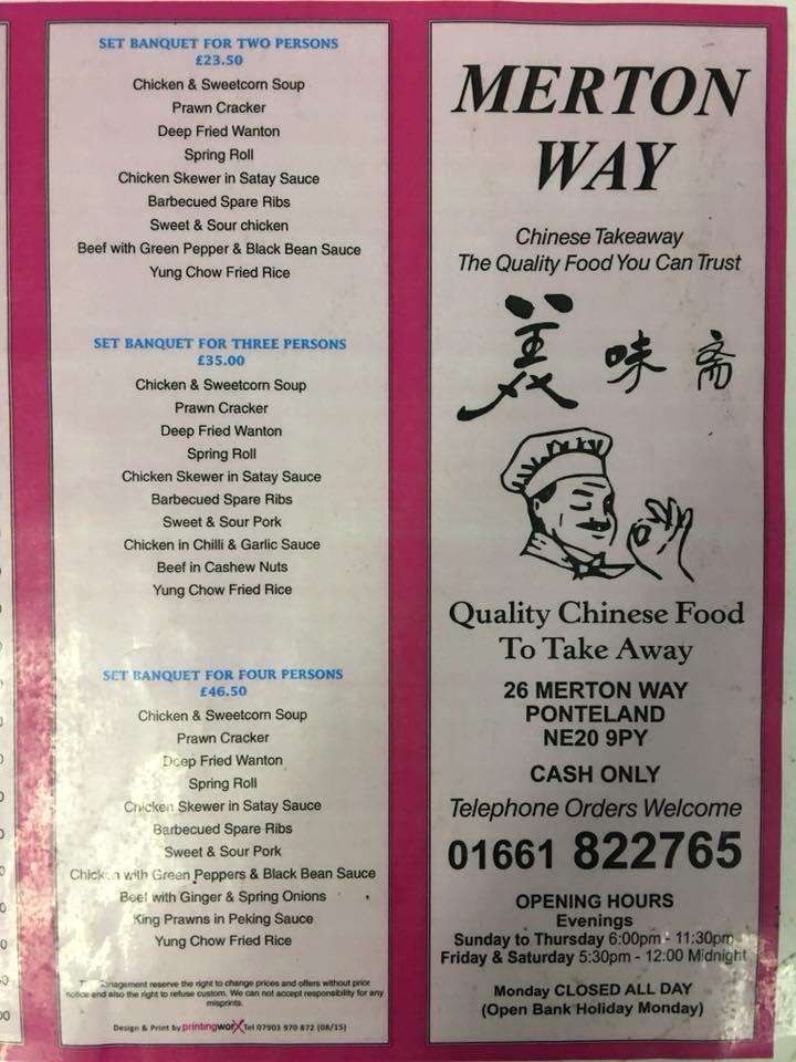 Menu at Merton Way Chinese Takeaway restaurant, Newcastle upon Tyne, 26