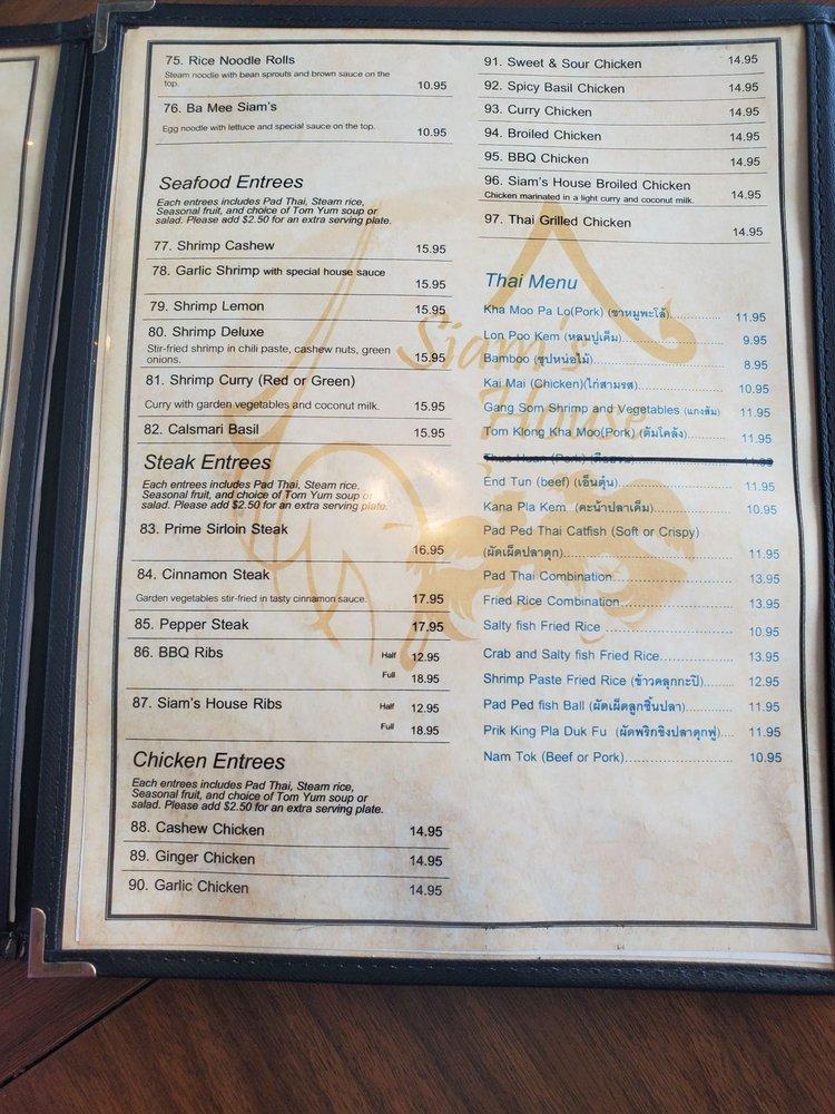 Menu at Siam's House Restaurant, Niles