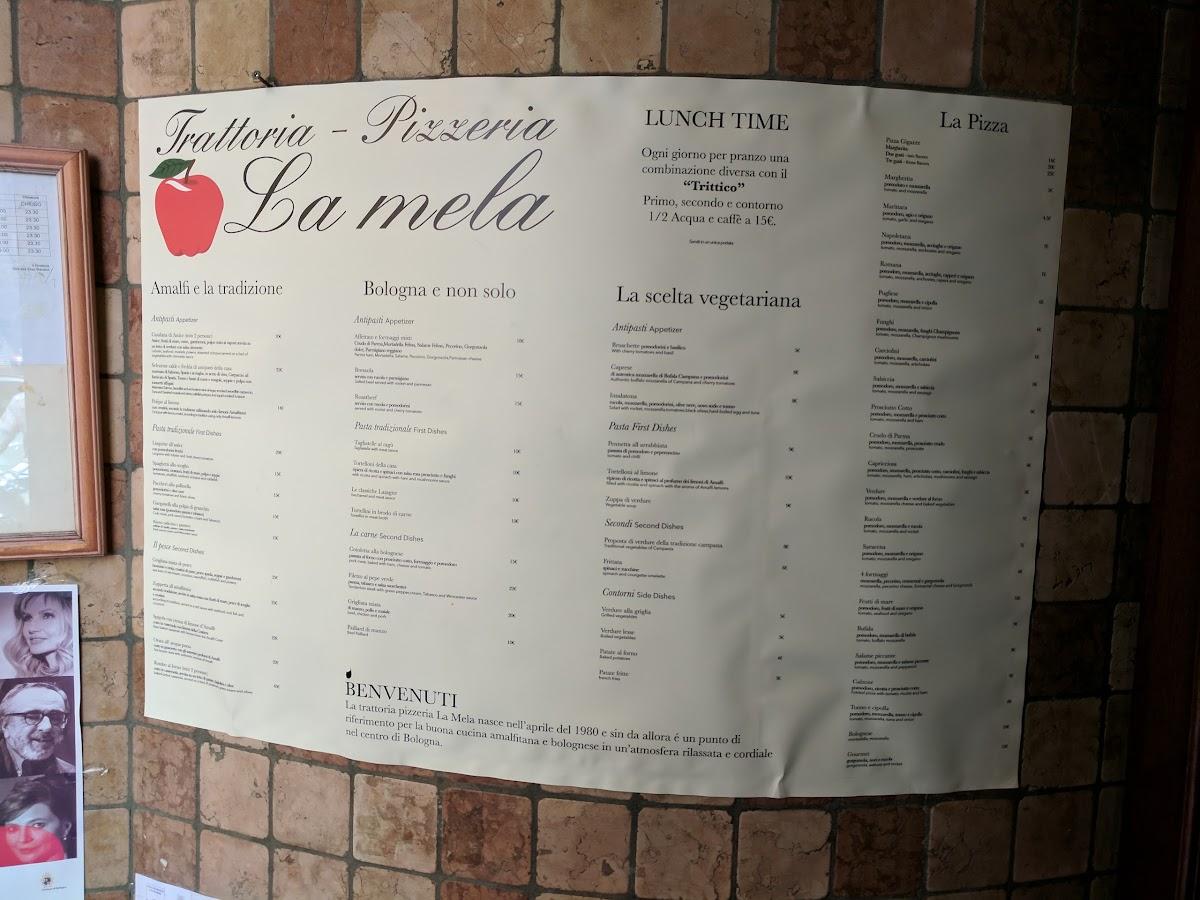 Menu at Trattoria Pizzeria La Mela, Bologna, Via de' Fusari