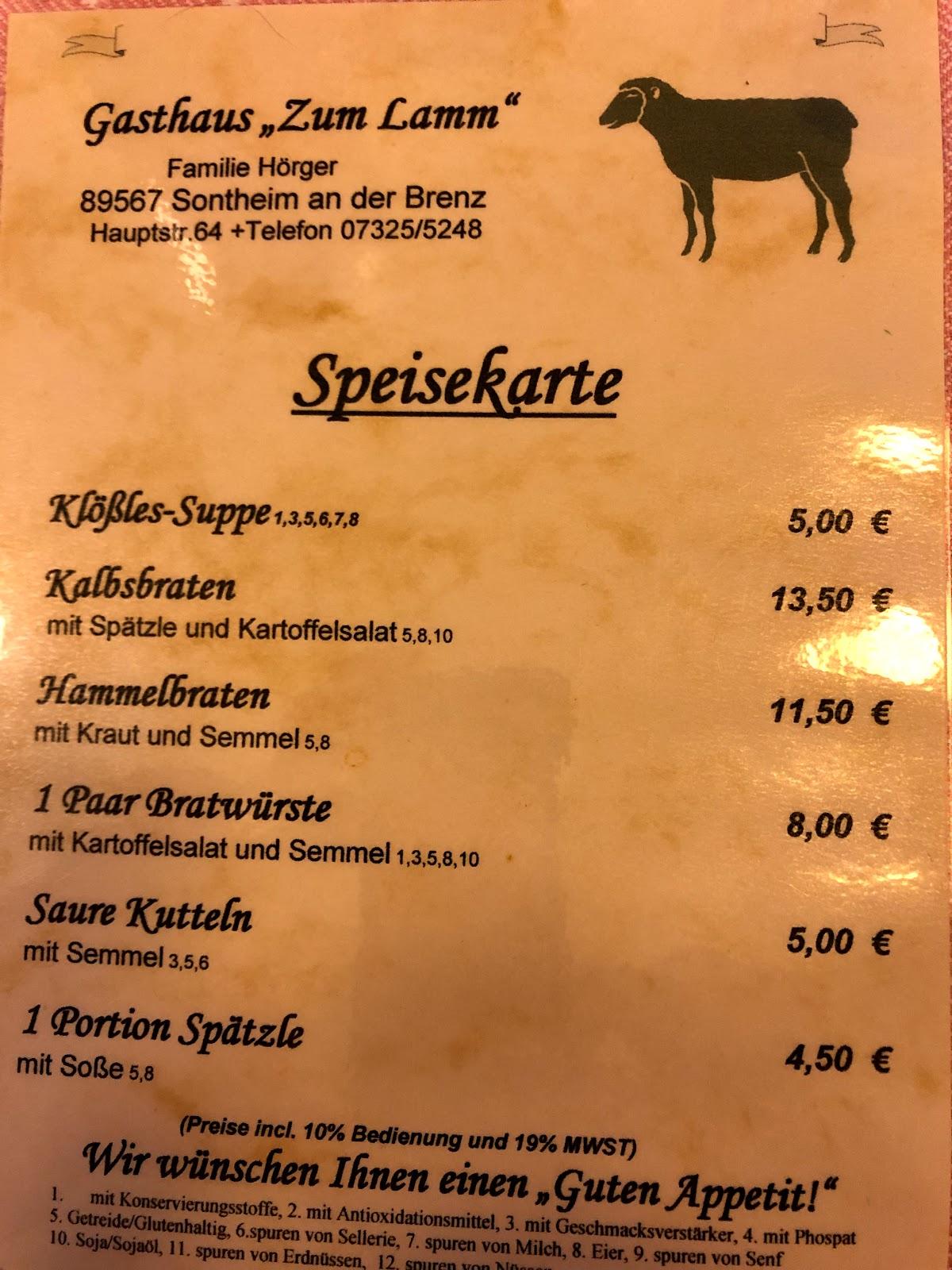 Speisekarte Von Lamm Restaurant Sontheim An Der Brenz