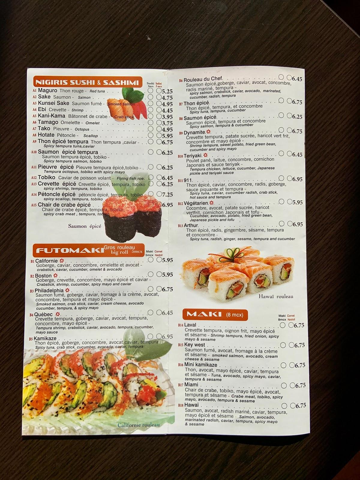 Menu at Kavan Sushi restaurant, Laval