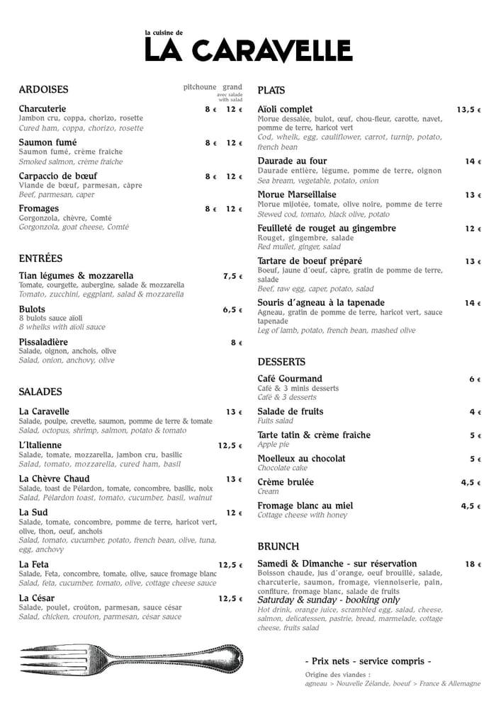 Menu at La Caravelle pub & bar, Marseille