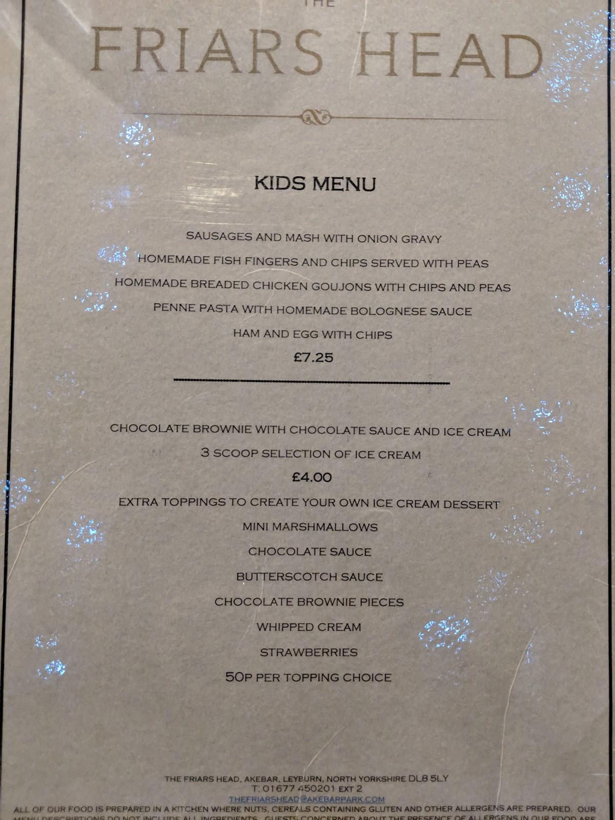 Menu at The Friars Head restaurant, Akebar