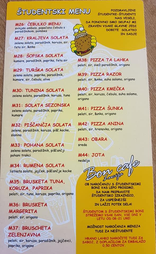 Menu at Bon Cafe Lucia, Lucija