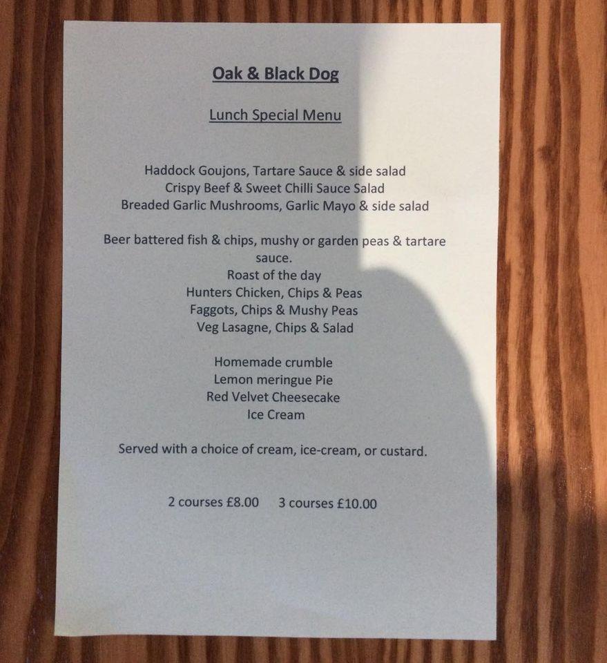 Menu at Oak and Black Dog pub & bar, StrettononDunsmore, 36 Brookside