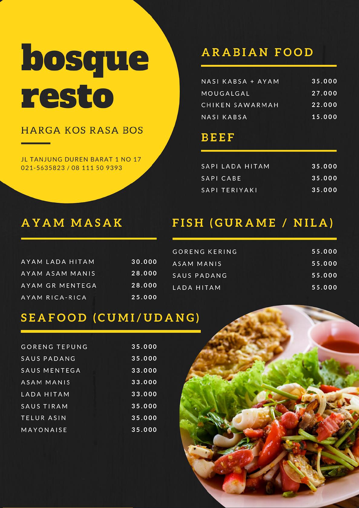 Menu at Bosque Resto restaurant, West Jakarta