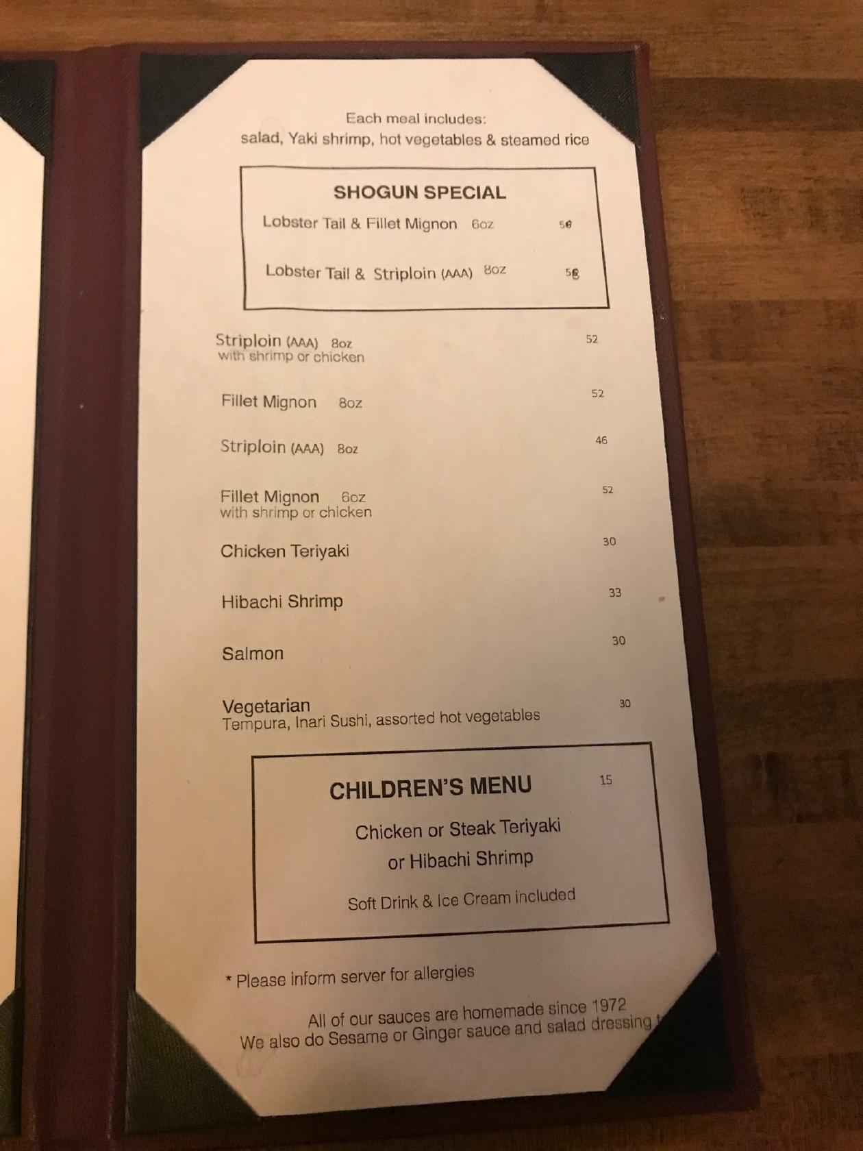 Menu au Japanese Village restaurant, Ottawa