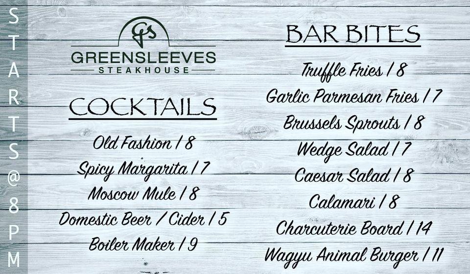Menu at Greensleeves Steakhouse, Redlands, 220 Orange St