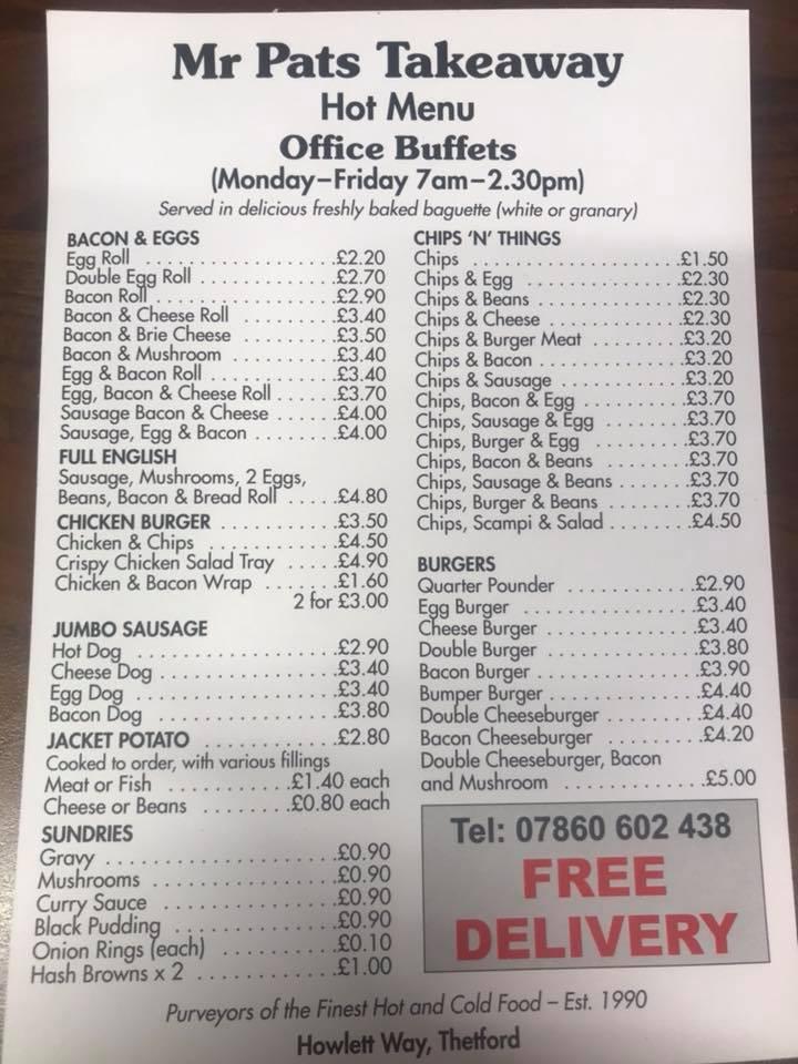 Menu at Mr Pats cafe, Thetford