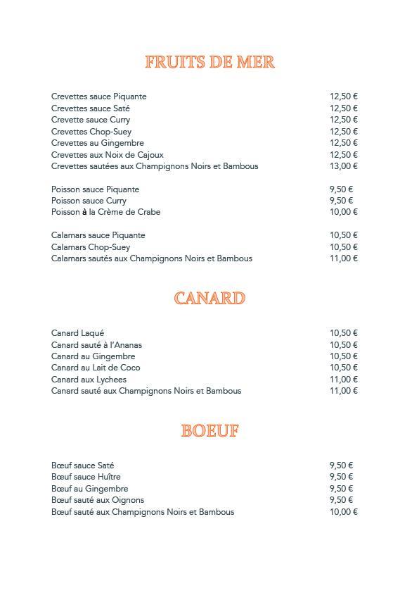 Menu de Palais de Chine
