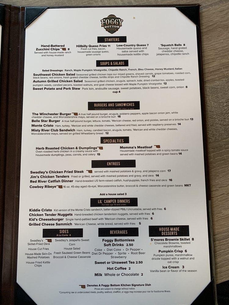 Menu at Swadley's Foggy Bottom Kitchen restaurant, Broken Bow