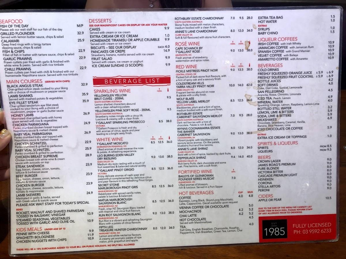 Menu at Dendy Deli steakhouse, Brighton, 26 Church St