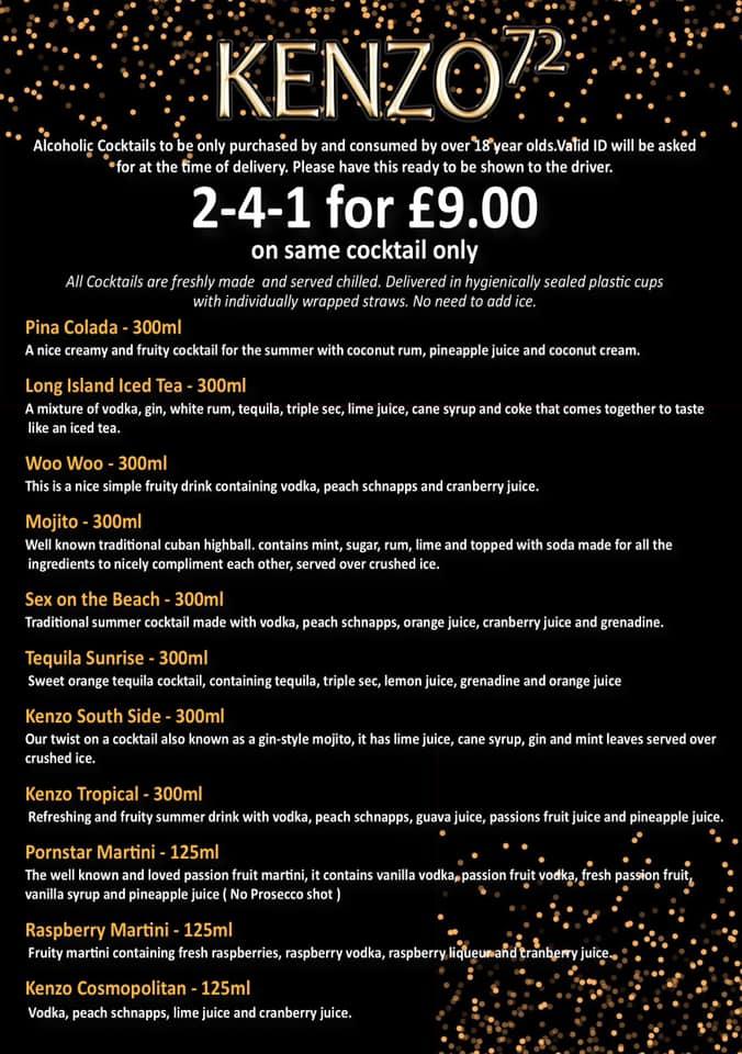 Menu at Kenzo 72 restaurant Swindon