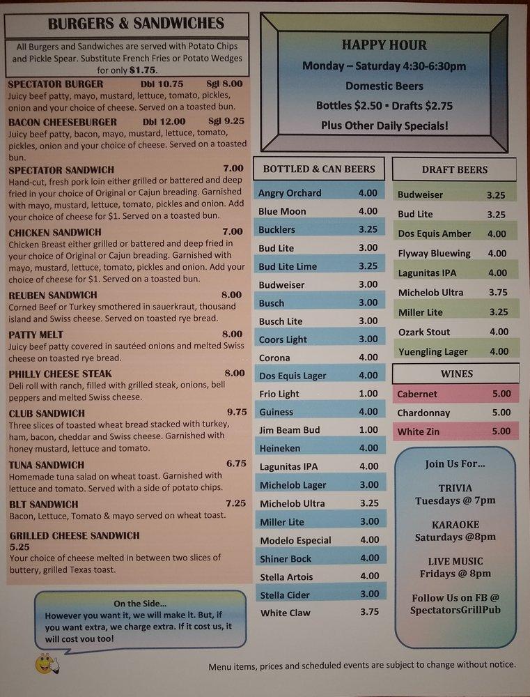 Menu at Spectators Grill & Pub, North Little Rock