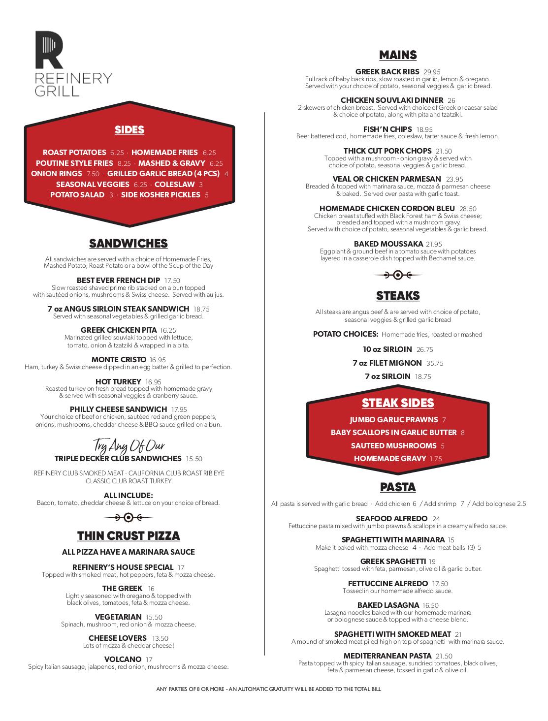 Menu at Refinery Grill restaurant, Edmonton, Mayfield Rd NW