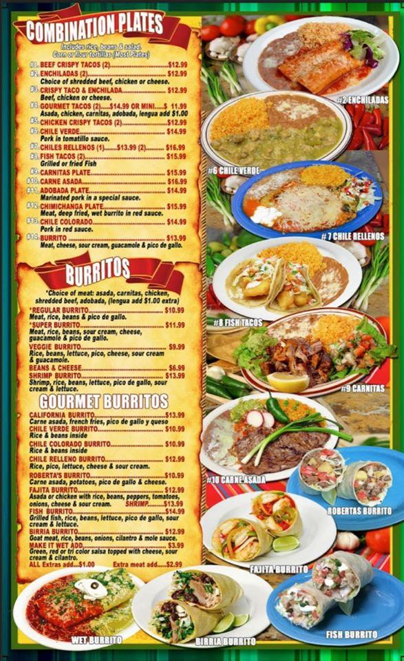 Menu at Roberta's Cocina Mexicana restaurant, Sacramento