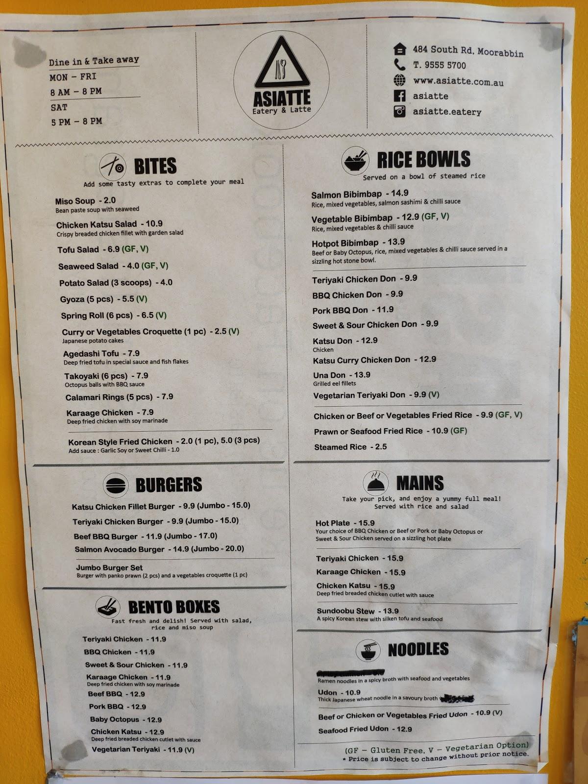 Menu at Asiatte fast food, Moorabbin