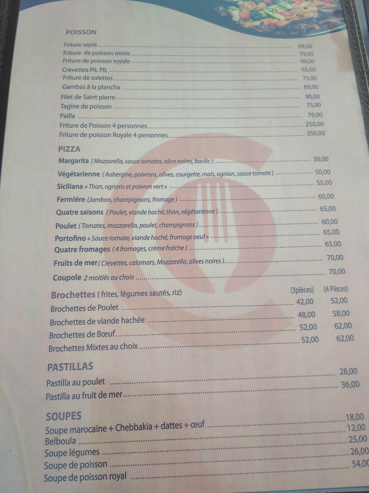 Menu au Restaurant La Coupole, Agadir