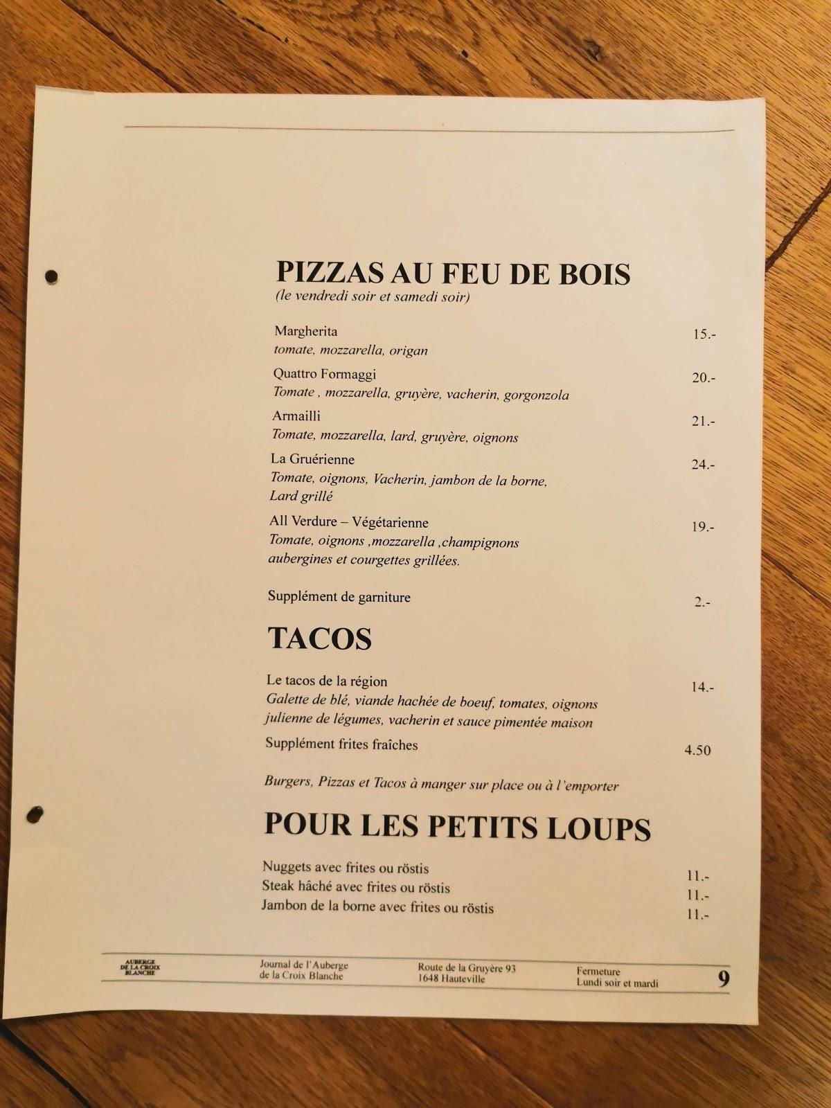 Menu at Auberge de la Croix Blanche, Hauteville