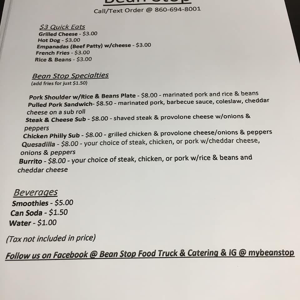 Menu at Bean Stop Food Truck & Catering, Groton