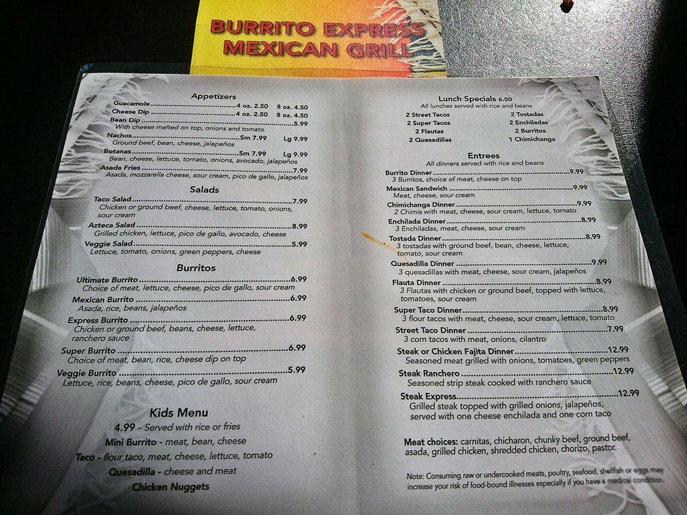 Menu at Burrito Express Mexican Grill restaurant, Southgate