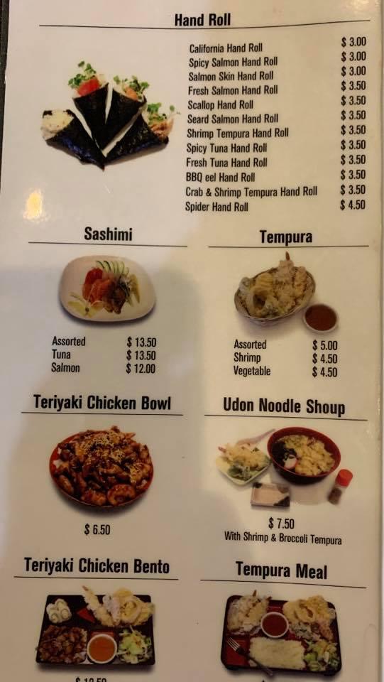 Menu at Sushi Train restaurant, Tualatin
