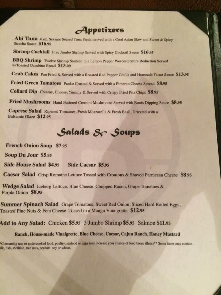 Menu at Boots Steakhouse, Dillsboro