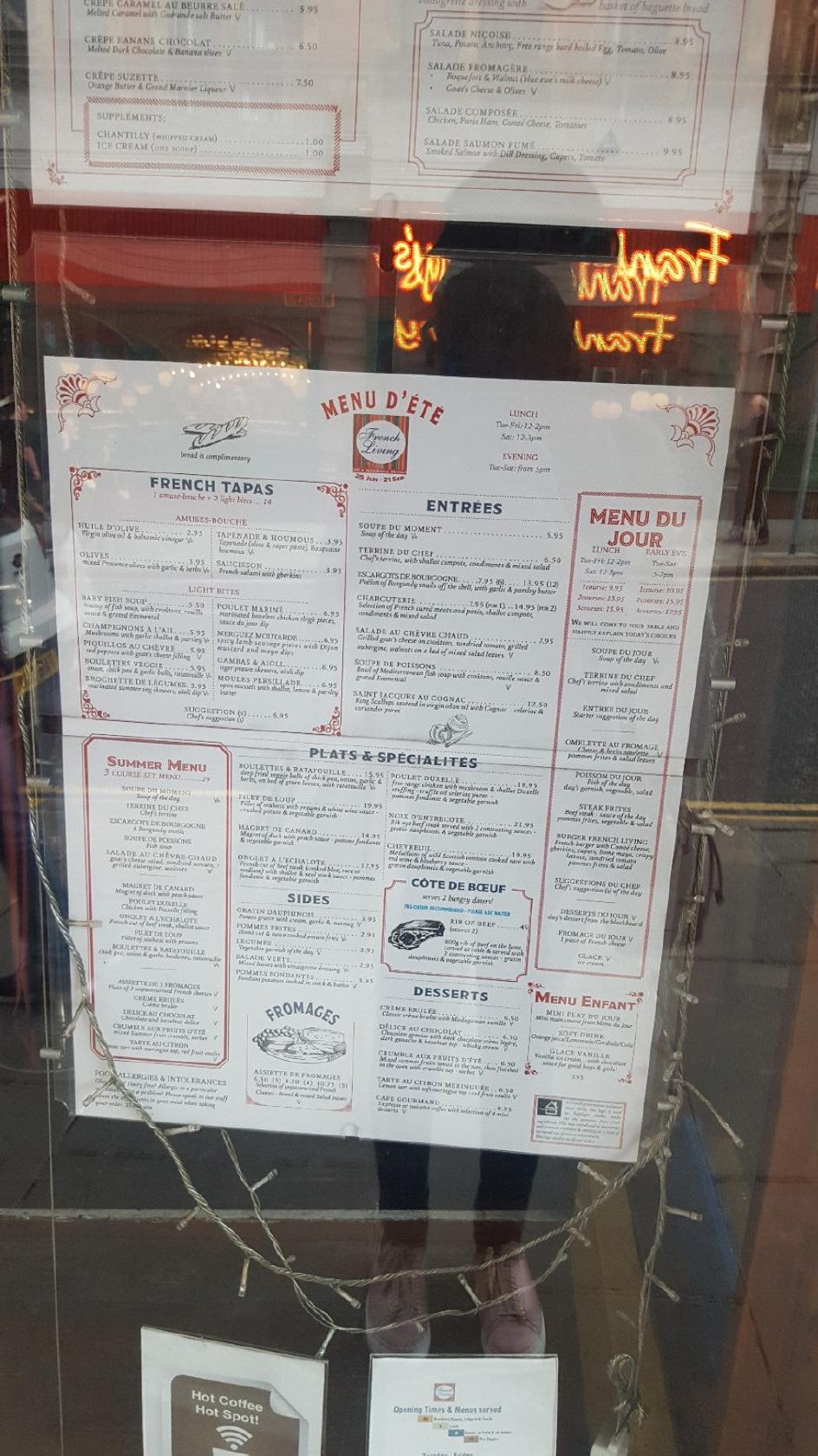 Menu at French Living restaurant, Nottingham, 27 King St